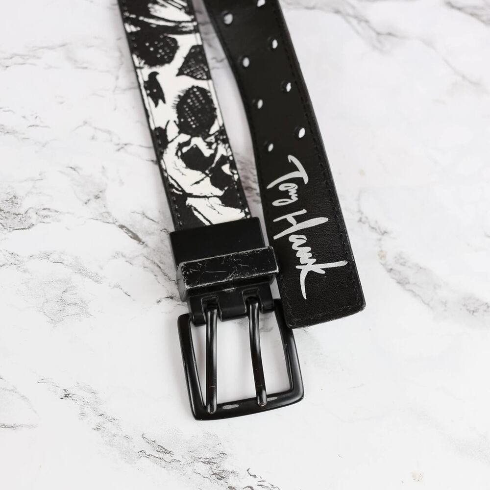 Tony Hawke Black White Faux Leather Skull Print Reversible Belt Small 22-24" Kid
